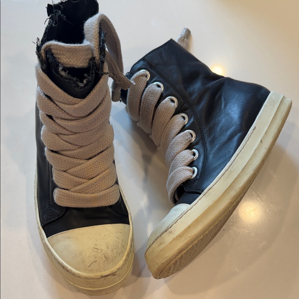 Rick Owens Black and Cream Leather Sneakers